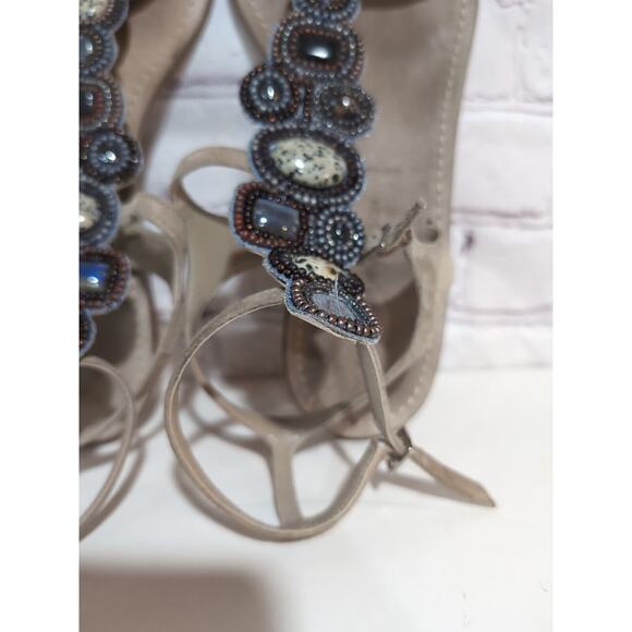 Sigerson Morrison Tan Suede Beaded Stone Sandals Ankle Straps Gladiator Size 9 - Picture 4 of 15
